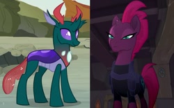 Size: 1019x637 | Tagged: safe, edit, edited screencap, screencap, character:pharynx, character:prince pharynx, character:tempest shadow, species:changeling, species:pony, species:reformed changeling, episode:to change a changeling, g4, my little pony: friendship is magic, my little pony: the movie (2017), armor, broken horn, crack shipping, eye scar, female, mare, scar, shipping, shipping domino, smiling, tempynx