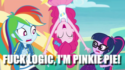 Size: 1280x720 | Tagged: safe, edit, edited screencap, screencap, character:pinkie pie, character:rainbow dash, character:twilight sparkle, character:twilight sparkle (scitwi), species:eqg human, equestria girls:rollercoaster of friendship, g4, my little pony: equestria girls, my little pony:equestria girls, geode of super speed, image macro, impact font, in which pinkie pie forgets how to gravity, magical geodes, meme, pinkie being pinkie, pinkie physics, vulgar