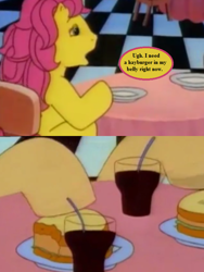 Size: 576x768 | Tagged: safe, edit, edited screencap, screencap, character:bon bon (g1), character:patch (g1), episode:the impractical joker, episode:the one where pinkie pie knows, g1, g4, my little pony tales, my little pony: friendship is magic, burger, cropped, food, g4 to g1, generation leap, hay burger, plates, soda