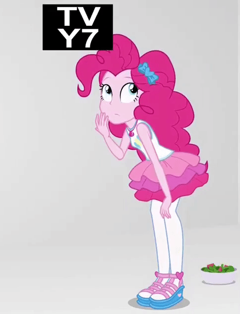 Size: 484x632 | Tagged: safe, edit, edited screencap, screencap, character:pinkie pie, equestria girls:rollercoaster of friendship, g4, my little pony: equestria girls, my little pony:equestria girls, animated, breaking the fourth wall, cropped, female, food, fourth wall, geode of sugar bombs, reversed, salad, smiling, solo, tv rating, tv-y7