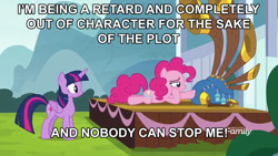 Size: 1080x610 | Tagged: safe, edit, edited screencap, screencap, character:pinkie pie, character:twilight sparkle, character:twilight sparkle (alicorn), species:alicorn, species:earth pony, species:pony, episode:yakity-sax, g4, my little pony: friendship is magic, abuse, drama, duo, duo female, female, image macro, mare, meme, op is a duck, op is trying to start shit, pinkie drama, pinkiebuse, vulgar