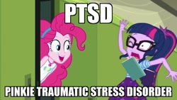 Size: 1280x720 | Tagged: safe, edit, edited screencap, screencap, character:pinkie pie, character:twilight sparkle, character:twilight sparkle (scitwi), species:eqg human, episode:stressed in show, g4, my little pony: equestria girls, my little pony:equestria girls, book, female, geode of sugar bombs, geode of telekinesis, lockers, meme, ptsd, scared, stressed in show: pinkie pie