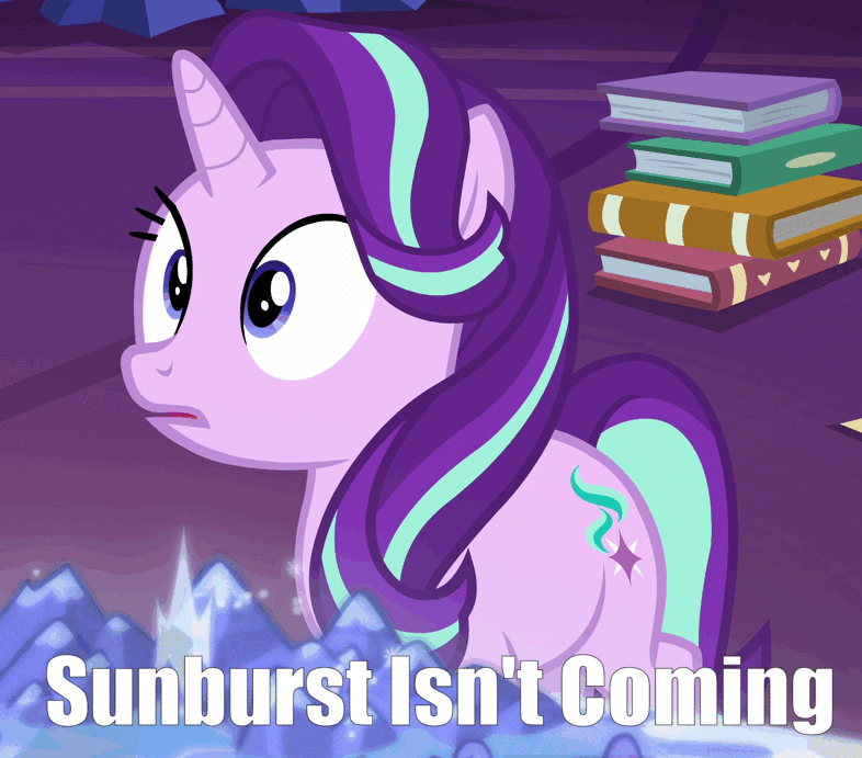 Size: 786x691 | Tagged: safe, edit, edited screencap, screencap, character:starlight glimmer, character:sunburst, episode:shadow play, g4, my little pony: friendship is magic, animated, cropped, cutie mark, disappointed, female, floppy ears, gif, implied sunburst, looking down, meme, sad, sadlight glimmer, solo, sunburst is coming, text