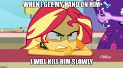 Size: 888x499 | Tagged: safe, edit, edited screencap, screencap, character:sunset shimmer, equestria girls:rollercoaster of friendship, g4, my little pony: equestria girls, my little pony:equestria girls, angry, discovery family logo, kubrick stare, meme