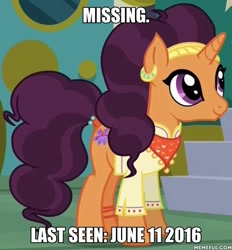 Size: 600x646 | Tagged: safe, edit, edited screencap, screencap, character:saffron masala, species:pony, species:unicorn, episode:spice up your life, g4, my little pony: friendship is magic, clothing, cropped, ear piercing, earring, female, image macro, jewelry, mare, meme, missing, piercing, smiling, solo