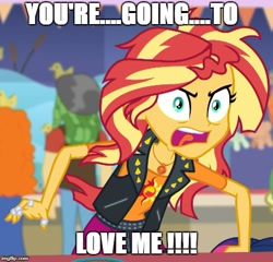 Size: 520x500 | Tagged: safe, edit, edited screencap, screencap, character:sandalwood, character:sunset shimmer, equestria girls:rollercoaster of friendship, g4, my little pony: equestria girls, my little pony:equestria girls, angry, bronybait, cropped, crossing the memes, golden hazel, it's not about the parakeet, meme, you're going to love me