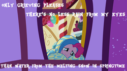 Size: 480x270 | Tagged: safe, edit, edited screencap, screencap, character:pinkie pie, episode:yakity-sax, g4, my little pony: friendship is magic, crying, cute, diapinkes, discovery family logo, pun, sad, sadorable, text