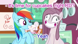 Size: 1920x1080 | Tagged: safe, edit, edited screencap, screencap, character:pinkamena diane pie, character:pinkie pie, character:rainbow dash, fanfic:cupcakes, episode:yakity-sax, g4, my little pony: friendship is magic, cupcake, derp, duo, faec, food, forced smile, smiling, this will end in death, this will end in tears, this will end in tears and/or death, this will not end well, unimpressed stove, what could possibly go wrong