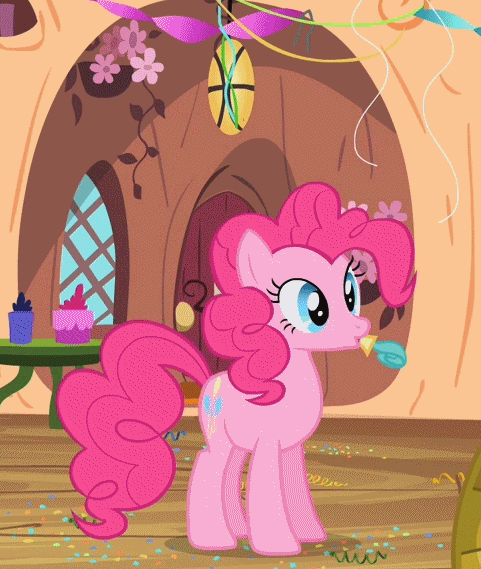 Size: 481x569 | Tagged: safe, edit, edited screencap, screencap, character:pinkie pie, species:earth pony, species:pony, animated, d:, duh, female, frown, glare, image macro, mare, mouth hold, open mouth, party horn, reaction image, sitting, smiling, solo, underhoof, uvula