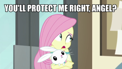Size: 960x540 | Tagged: safe, edit, edited screencap, screencap, character:angel bunny, character:fluttershy, species:rabbit, episode:so much more to me, g4, my little pony: equestria girls, my little pony:equestria girls, female, image macro, male, meme