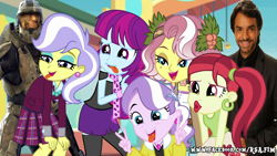 Size: 1920x1080 | Tagged: safe, edit, edited screencap, screencap, character:diamond tiara, character:mystery mint, character:upper crust, character:vignette valencia, equestria girls:rollercoaster of friendship, g4, my little pony: equestria girls, my little pony:equestria girls, 1000 years in photoshop, clothing, crossover, crystal prep academy uniform, eugenio derbez, master chief, not salmon, peace sign, rose heart, school uniform, silly face, tongue out, vignette valencia, wat