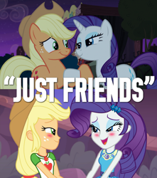 Size: 954x1078 | Tagged: safe, edit, edited screencap, screencap, character:applejack, character:rarity, species:earth pony, species:pony, episode:made in manehattan, equestria girls:rollercoaster of friendship, g4, my little pony: equestria girls, my little pony: friendship is magic, my little pony:equestria girls, blushing, caption, comparison, context is for the weak, duo, female, geode of shielding, geode of super strength, just friends, out of context, shipping fuel