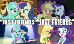 Size: 1800x1080 | Tagged: safe, edit, edited screencap, screencap, character:applejack, character:bon bon, character:lyra heartstrings, character:rarity, character:sweetie drops, ship:lyrabon, ship:rarijack, episode:made in manehattan, episode:slice of life, equestria girls:rainbow rocks, equestria girls:rollercoaster of friendship, g4, my little pony: equestria girls, my little pony: friendship is magic, my little pony:equestria girls, best friends, blushing, caption, comparison, context is for the weak, discovery family logo, female, just friends, lesbian, looking at each other, meta, out of context, shipping, shipping fuel