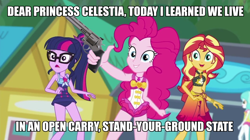 Size: 960x539 | Tagged: safe, edit, edited screencap, screencap, character:pinkie pie, character:sunset shimmer, character:twilight sparkle, episode:x marks the spot, g4, my little pony: equestria girls, my little pony:equestria girls, clothing, female, gun, handgun, image macro, manurhin, meme, pistol, revolver, swimsuit, trigger discipline, weapon