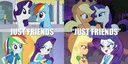 Size: 2160x1080 | Tagged: safe, edit, edited screencap, screencap, character:applejack, character:rainbow dash, character:rarity, species:earth pony, species:pony, episode:a fine line, episode:made in manehattan, episode:rarity investigates, equestria girls:rollercoaster of friendship, g4, my little pony: equestria girls, my little pony: friendship is magic, my little pony:equestria girls, best friends, blushing, caption, comparison, context is for the weak, duo, female, geode of shielding, geode of super strength, just friends, out of context, shipping fuel