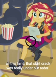 Size: 708x967 | Tagged: safe, edit, edited screencap, screencap, character:sunset shimmer, episode:stressed in show, g4, my little pony: equestria girls, my little pony:equestria girls, boots, chair, circle, clothing, cropped, female, food, high heel boots, popcorn, shoes, skirt, solo, text, text edit