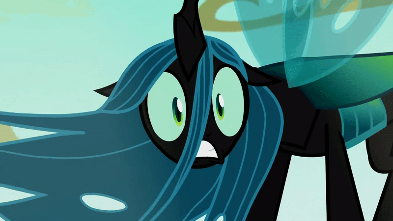 Size: 800x450 | Tagged: safe, edit, edited screencap, screencap, character:queen chrysalis, species:changeling, species:pony, episode:to where and back again, g4, my little pony: friendship is magic, ..., animated, anxiety, changeling queen, confused, cute, cutealis, faec, fear, female, flapping, former queen chrysalis, frown, gif, gritted teeth, loop, mare, oh crap, oh crap face, reaction image, scared, season 6, shocked, shrunken pupils, solo, spread wings, standing, wavy mane, wide eyes, wings, worried