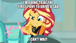 Size: 888x499 | Tagged: safe, edit, edited screencap, screencap, character:sunset shimmer, episode:driving miss shimmer, g4, my little pony: equestria girls, my little pony:equestria girls, car, driving miss shimmer: fluttershy, flower, steering wheel