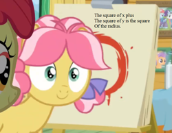 Size: 729x567 | Tagged: safe, edit, edited screencap, screencap, character:apple bloom, character:kettle corn, character:rainbow dash, character:rarity, character:tender taps, species:earth pony, species:pony, episode:marks and recreation, g4, my little pony: friendship is magic, bow, canvas, circle, circle painting, clubhouse, colt, cropped, crusaders clubhouse, easel, equation, female, filly, foal, geometry, haiku, hair bow, male, pictures, smiling, solo focus, text