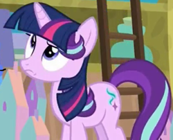 Size: 413x333 | Tagged: safe, edit, edited screencap, screencap, character:starlight glimmer, species:pony, species:unicorn, episode:a matter of principals, g4, my little pony: friendship is magic, cropped, female, ladder, mare, not twilight sparkle, solo, twilight wig, wig