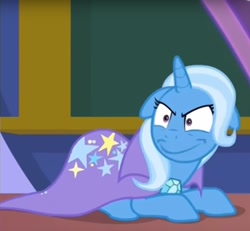 Size: 950x877 | Tagged: safe, edit, edited screencap, screencap, character:trixie, episode:a matter of principals, g4, my little pony: friendship is magic, amused, cape, clothing, cropped, cute, female, floppy ears, inverted mouth, nightmare fuel, solo, this will end in death, this will end in tears and/or death, trixie is amused, trixie's cape