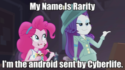 Size: 960x540 | Tagged: safe, edit, edited screencap, screencap, character:pinkie pie, character:rarity, episode:rarity investigates, episode:rarity investigates: the case of the bedazzled boot, g4, my little pony: equestria girls, my little pony: friendship is magic, my little pony:equestria girls, cyberlife, detroit: become human, geode of sugar bombs, image macro, magical geodes, meme