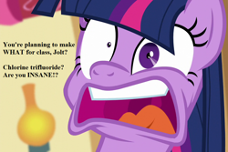 Size: 1080x720 | Tagged: safe, edit, edited screencap, screencap, character:twilight sparkle, character:twilight sparkle (alicorn), species:alicorn, species:pony, episode:party pooped, g4, my little pony: friendship is magic, chemistry, chemistry joke, chlorine trifluoride, cropped, faec, female, florence flask, freaking out, implied oc, solo, stupidity, text, this will end in a violently exothermic chemical reaction, this will end in chlorine trifluoride being synthesized, this will end in fire, this will end in tears and/or death, this will not end well, you fool