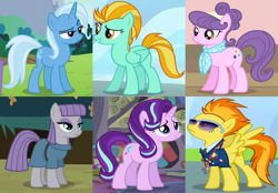 Size: 2202x1536 | Tagged: safe, edit, edited screencap, screencap, character:lightning dust, character:maud pie, character:spitfire, character:starlight glimmer, character:suri polomare, character:trixie, species:earth pony, species:pegasus, species:pony, species:unicorn, episode:maud pie, episode:no second prances, episode:rarity takes manehattan, episode:the crystalling, episode:wonderbolts academy, g4, my little pony: friendship is magic, alternate mane six, clothing, collage, cropped, female, mare, reformed, uniform, wonderbolts dress uniform