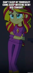 Size: 600x1331 | Tagged: safe, edit, edited screencap, screencap, character:sunset shimmer, equestria girls:rainbow rocks, g4, my little pony: equestria girls, my little pony:equestria girls, bronybait, clothing, crossed arms, dialogue, english, female, image macro, lidded eyes, meme, needs more jpeg, pajamas, smiling, solo, standing