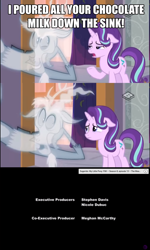 Size: 1360x2267 | Tagged: safe, edit, edited screencap, screencap, character:discord, character:starlight glimmer, episode:a matter of principals, g4, my little pony: friendship is magic, chocolate, chocolate milk, comic, credits, credits screen, daimando is going to hell, duo, everything is ruined, exploitable meme, ghost, ghost discord, implied chocolate milk, meme, milk, pure unfiltered evil, screencap comic, spilled milk