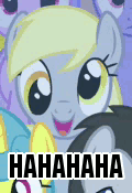 Size: 120x175 | Tagged: safe, edit, edited screencap, screencap, character:derpy hooves, species:pegasus, species:pony, episode:putting your hoof down, g4, my little pony: friendship is magic, animated, background pony, background pony audience, cute, derpabetes, female, gif, gif for breezies, haha, haha wow, image macro, laughing, mare, meme, picture for breezies, reaction image, smiling, solo focus, text, wow