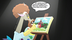 Size: 1280x720 | Tagged: safe, edit, edited screencap, screencap, character:discord, episode:what about discord?, g4, my little pony: friendship is magic, season 5, afro, beard, black background, bob ross, canvas, color palette, dialogue, draconiross, easel, facial hair, goatee, male, misspelling, paint, paintbrush, painting, quote, red, simple background, solo, speech bubble, spotlight, sweet apple acres, text
