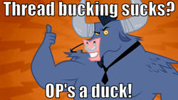 Size: 798x449 | Tagged: safe, edit, edited screencap, screencap, character:iron will, species:minotaur, caption, image macro, looking at you, male, microphone, necktie, nose piercing, nose ring, op, op is a duck (reaction image), piercing, smiling, solo, text, thumbs up