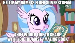 Size: 866x500 | Tagged: safe, edit, edited screencap, screencap, character:silverstream, species:hippogriff, episode:the hearth's warming club, g4, my little pony: friendship is magic, book, bookworm, bronybait, female, image macro, meme, the book of mormon