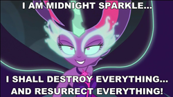 Size: 1280x720 | Tagged: safe, edit, edited screencap, screencap, character:midnight sparkle, character:twilight sparkle, character:twilight sparkle (scitwi), species:eqg human, equestria girls:friendship games, g4, my little pony: equestria girls, my little pony:equestria girls, female, house of the dead, image macro, meme, midnight sparkle, midnight sparkle's lines, quote, roy curien, solo, the house of the dead, the wheel of fate