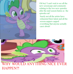 Size: 1238x1248 | Tagged: safe, edit, screencap, character:spike, episode:a matter of principals, episode:bridle gossip, episode:filli vanilli, episode:the hearth's warming club, episode:yakity-sax, g4, my little pony: friendship is magic, text, why would anything nice happen
