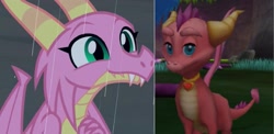 Size: 1905x932 | Tagged: safe, edit, screencap, character:scales, species:dragon, episode:the hearth's warming club, g4, my little pony: friendship is magic, comparison, dragoness, ember (spyro), female, heart, jewelry, necklace, spyro the dragon