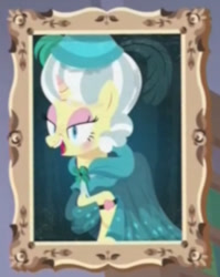 Size: 389x489 | Tagged: safe, edit, edited screencap, screencap, character:clover the clever, species:pony, species:unicorn, episode:a matter of principals, g4, my little pony: friendship is magic, animate object, clothing, clover the clever's cloak, cropped, dress, female, frame, framed picture, mare, mare antoinette, marie antoinette, painting, powdered wig, updo