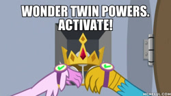 Size: 600x337 | Tagged: safe, edit, edited screencap, screencap, character:gallus, character:silverstream, episode:a matter of principals, g4, my little pony: friendship is magic, crown, crown of grover, image macro, jewelry, meme, regalia, wonder twins