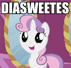 Size: 466x448 | Tagged: safe, edit, edited screencap, screencap, character:sweetie belle, episode:sisterhooves social, g4, my little pony: friendship is magic, cute, diabetes, diasweetes, dilated pupils, female, image macro, open mouth, smiling, solo