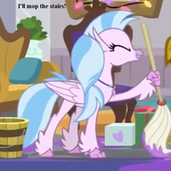 Size: 567x567 | Tagged: safe, edit, edited screencap, screencap, character:silverstream, episode:the hearth's warming club, g4, my little pony: friendship is magic, bucket, cropped, cute, diastreamies, hearth's warming lights, jewelry, mop, necklace, school of friendship, that hippogriff sure does love stairs