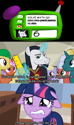 Size: 1024x1728 | Tagged: safe, edit, edited screencap, screencap, character:chancellor neighsay, character:twilight sparkle, character:twilight sparkle (alicorn), species:alicorn, species:pony, episode:friendship university, g4, my little pony: friendship is magic, abuse, baldi, baldi's basics in education and learning, comic, exploitable meme, faec, floppy ears, glowing horn, imminent spanking, lip bite, magic, magic aura, math, meme, neighsparkle, pad, puppy dog eyes, question, ruler, screencap comic, smug, twilybuse, you can think! pad