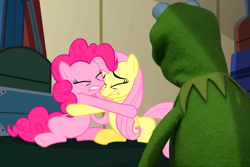 Size: 1150x768 | Tagged: safe, edit, edited screencap, screencap, character:fluttershy, character:pinkie pie, episode:buckball season, g4, my little pony: friendship is magic, crossover, kermit the frog, scared