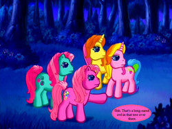 Size: 640x480 | Tagged: safe, edit, edited screencap, screencap, character:brights brightly, character:minty, character:pinkie pie (g3), character:rarity (g3), episode:come back lily lightly, g3, birdwatching, cropped, dialogue, forest, night, speech bubble, text