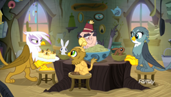 Size: 1920x1080 | Tagged: safe, edit, edited screencap, screencap, character:gabby, character:gilda, character:grampa gruff, species:griffon, species:rabbit, episode:the hearth's warming club, g4, my little pony: friendship is magic, blind eye, carnivore, chickub, clothing, eye scar, female, fez, food chain, griffon scone, griffons doing griffon things, grizzle, hat, imminent vore, male, scar, stool