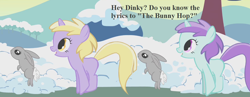 Size: 1152x448 | Tagged: safe, edit, edited screencap, screencap, character:dinky hooves, character:liza doolots, character:petunia, character:tootsie flute, species:pony, species:rabbit, episode:winter wrap up, g4, my little pony: friendship is magic, background pony, cropped, cute, dinkabetes, female, filly, foal, hopping, pronking, ray anthony, snow, song reference, text, tootsie cute, winter wrap up song