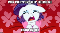 Size: 888x499 | Tagged: safe, edit, edited screencap, screencap, character:rarity, species:pony, episode:suited for success, g4, my little pony: friendship is magic, bed, female, floppy ears, horn, i'm so pathetic, image macro, mare, meme, old, solo