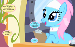 Size: 864x540 | Tagged: safe, edit, edited screencap, screencap, character:lotus blossom, episode:green isn't your color, g4, my little pony: friendship is magic, bell, clipboard, cropped, dialogue, implied fluttershy, implied mr. shy, implied posey shy, implied zephyr breeze, ponyville spa, spa, speech bubble, text
