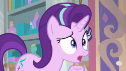 Size: 1280x720 | Tagged: safe, edit, edited screencap, screencap, character:starlight glimmer, character:twilight sparkle, character:twilight sparkle (alicorn), species:alicorn, species:pony, episode:a matter of principals, g4, my little pony: friendship is magic, animated, book, bottle, chair, chest, close-up, crystal, curtains, desk, display case, duo, duo female, female, hoof on chest, levitation, magic, pillar, rug, school of friendship, sound, table, telekinesis, twilight's office, webm, window