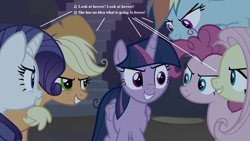 Size: 1280x720 | Tagged: safe, edit, edited screencap, screencap, character:fluttershy, character:mean applejack, character:mean fluttershy, character:mean pinkie pie, character:mean rainbow dash, character:mean rarity, character:mean twilight sparkle, character:rainbow dash, episode:the glass princess, episode:the mean 6, g1, g4, my little pony 'n friends, my little pony: friendship is magic, applejack's hat, clone, clone six, clothing, conspiracy, cowboy hat, everfree forest, evil grin, g1 to g4, generation leap, grin, hat, implied chrysalis, lyrics, smiling, smirk, song reference, tempting fate, text